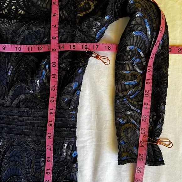 Tadashi Shoji Sequins Swirl Fitted Lace Long-Sleeve Cocktail Dress Size 2 EUC - Picture 15 of 16